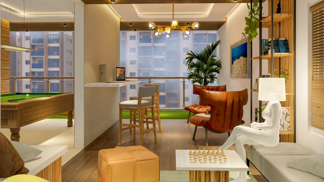 Clubhouse lounge interior at Urbanrise Gattahalli with the towers beyond the window, artist impression