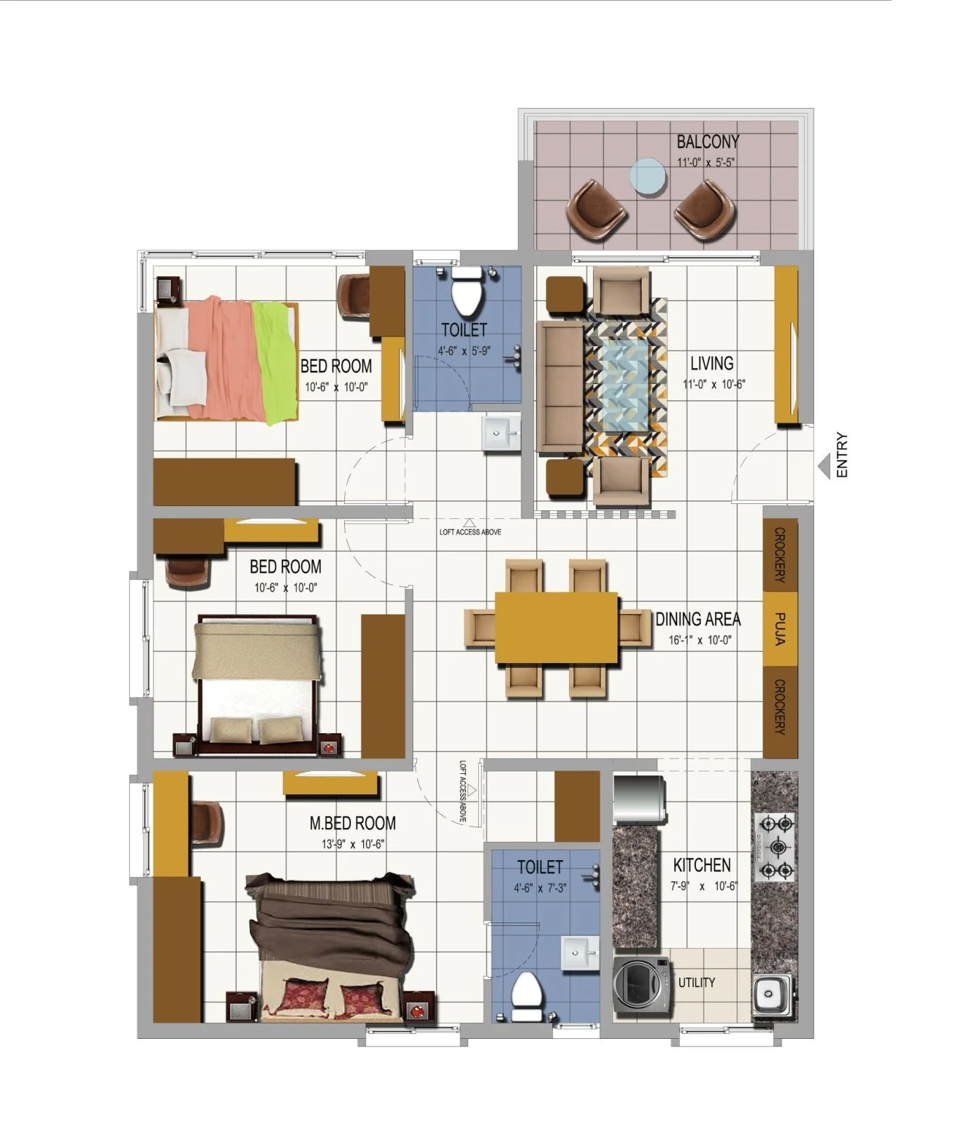 Urbanrise Gattahalli 3 BHK + 2T floor plan, mirrored. The same apartment as the plan above.