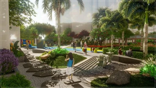 Landscaped walkway between planted beds, artist impression