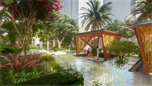 Timber pergola beside a water feature, artist impression