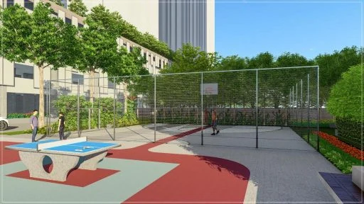 Outdoor sports court with fencing, artist impression