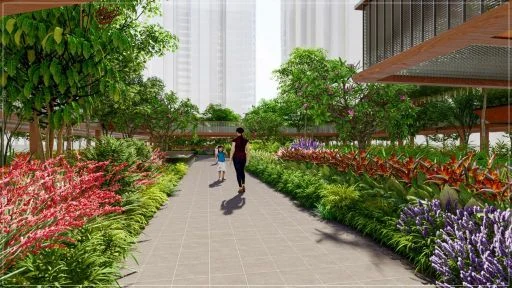 Planted walkway between residential blocks, artist impression